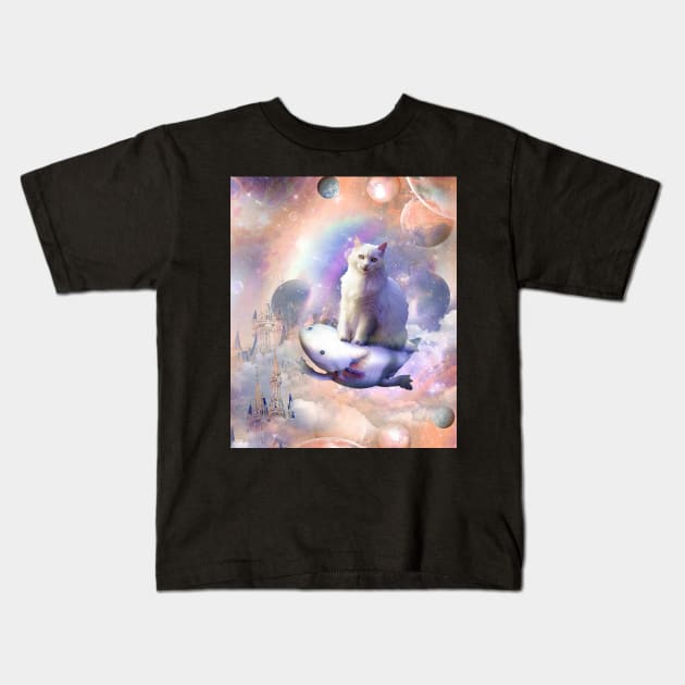 Space Galaxy Cat Riding Axolotl Kids T-Shirt by Random Galaxy